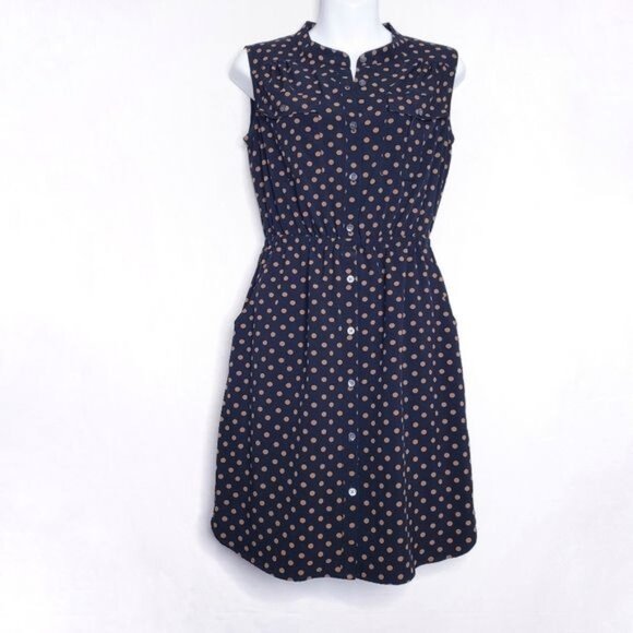 Lands End Canvas Black & Tan Polka Dot Sleeveless Button Up Dress Women's Size 0 - Picture 1 of 10